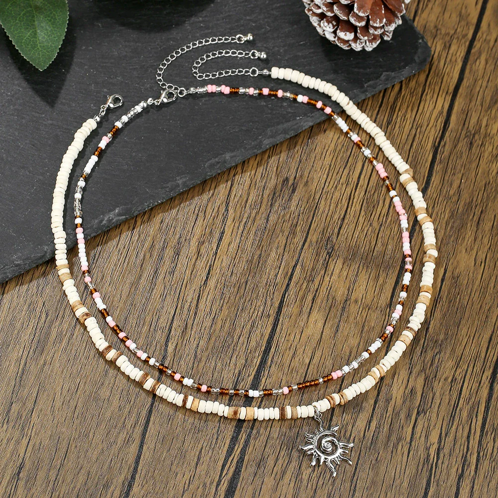 Wholesale Beaded Necklace Coconut Shell Rice Beads Alloy Handmade Geometric Style Men's Hiphop Niche Sun Pendant Doublelayer Clavicle Chain - Image 2