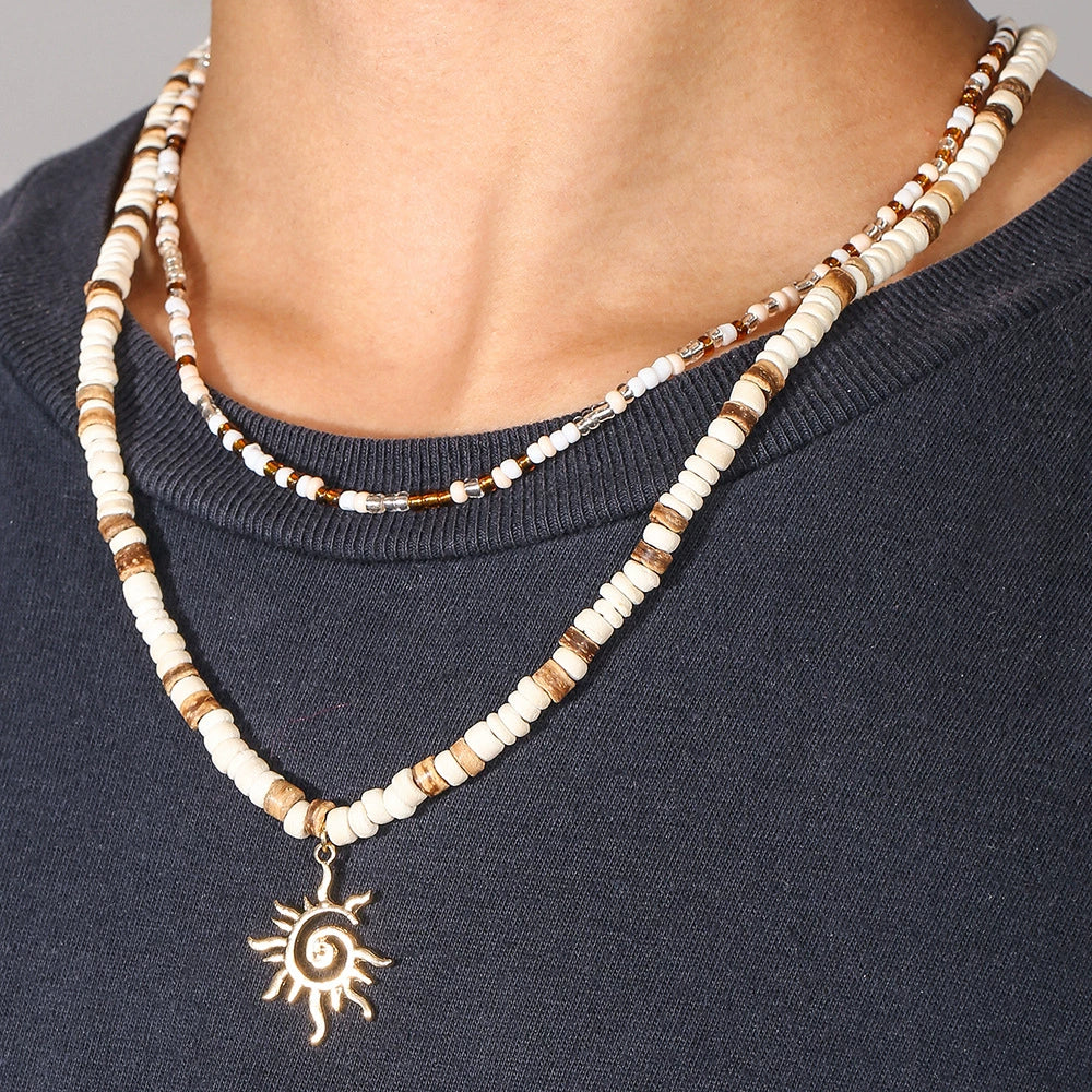 Wholesale Beaded Necklace Coconut Shell Rice Beads Alloy Handmade Geometric Style Men's Hiphop Niche Sun Pendant Doublelayer Clavicle Chain - Image 4
