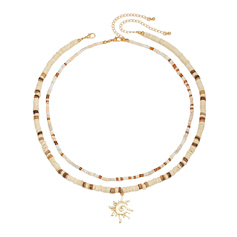 Wholesale Beaded Necklace Coconut Shell Rice Beads Alloy Handmade Geometric Style Men's Hiphop Niche Sun Pendant Doublelayer Clavicle Chain - Image 5