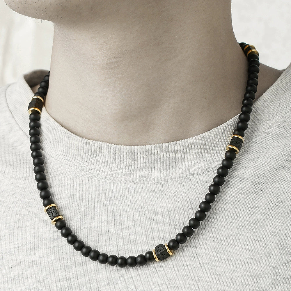 Wholesale Beaded Necklace Handmade Black Matte Volcanic Stone And Organic Glass Geometric Style Unisex - Image 4
