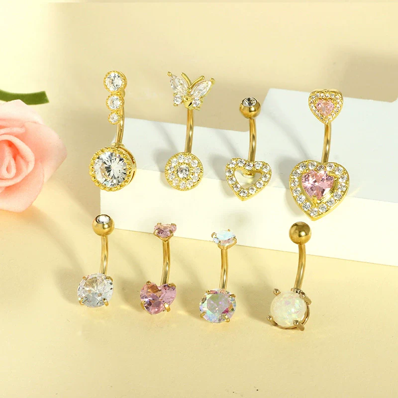 Wholesale Belly Button Ring Set Stainless Steel Inlaid Zircon Heart Shape For Women - Image 3