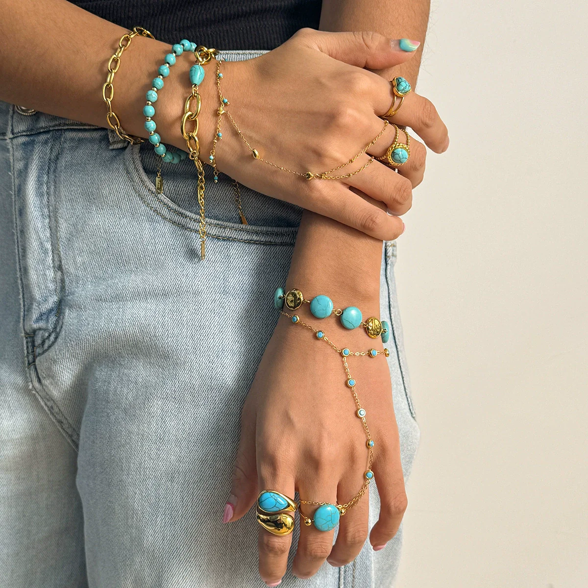 Wholesale Blue Turquoise Stainless Steel Geometric Hand Jewelry For Women Electroplated Design Minimalist Style - Image 2