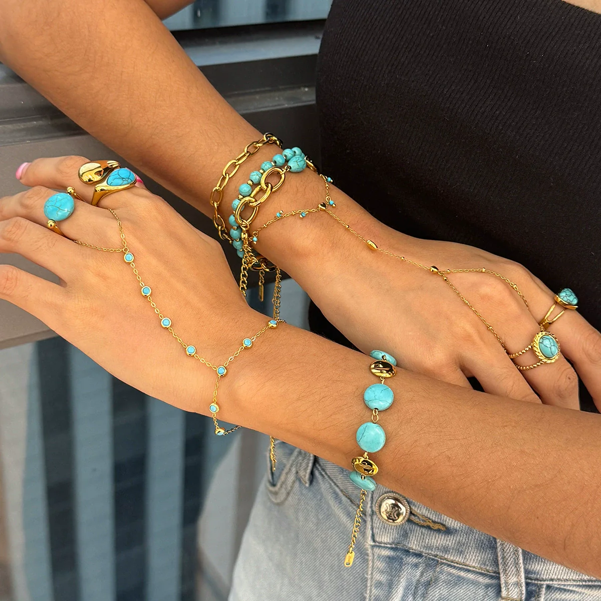 Wholesale Blue Turquoise Stainless Steel Geometric Hand Jewelry For Women Electroplated Design Minimalist Style - Image 3