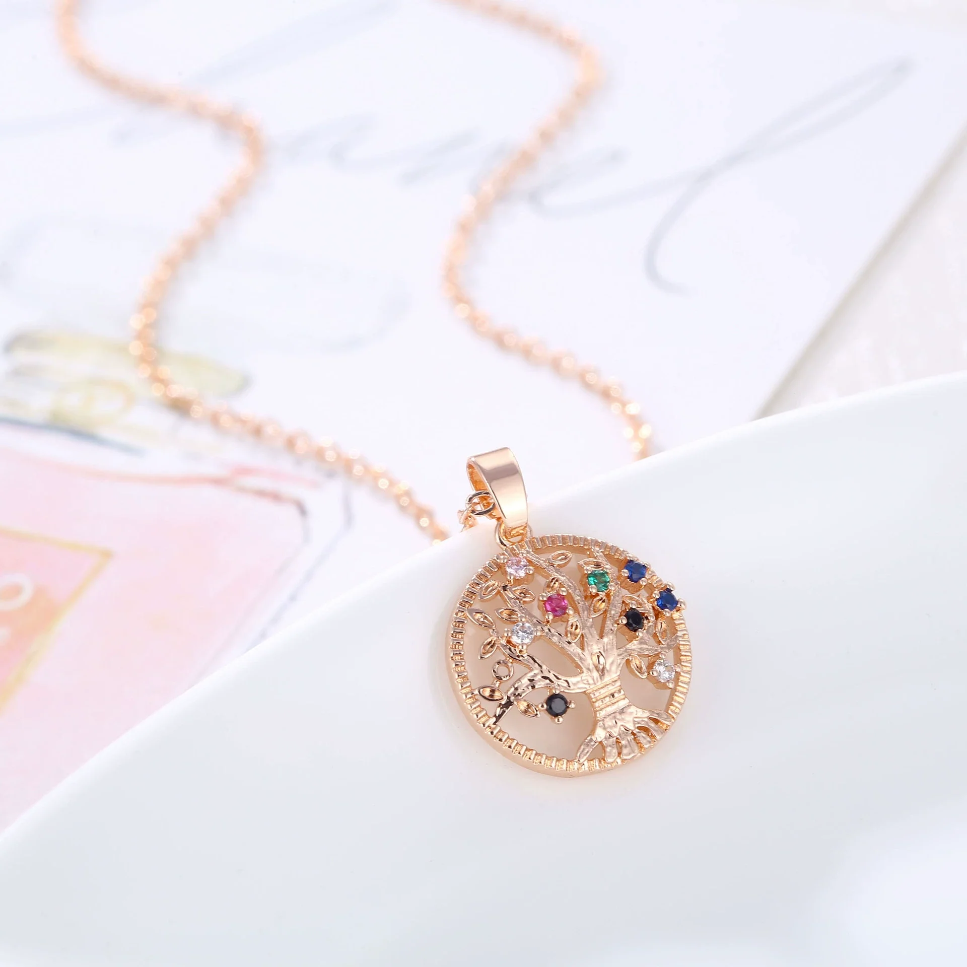 Wholesale Bohemian Style Gold Plated Copper Tree Of Life Pendant Necklace With Geometric Pattern And Zircon Inlay On Ochain - Image 4
