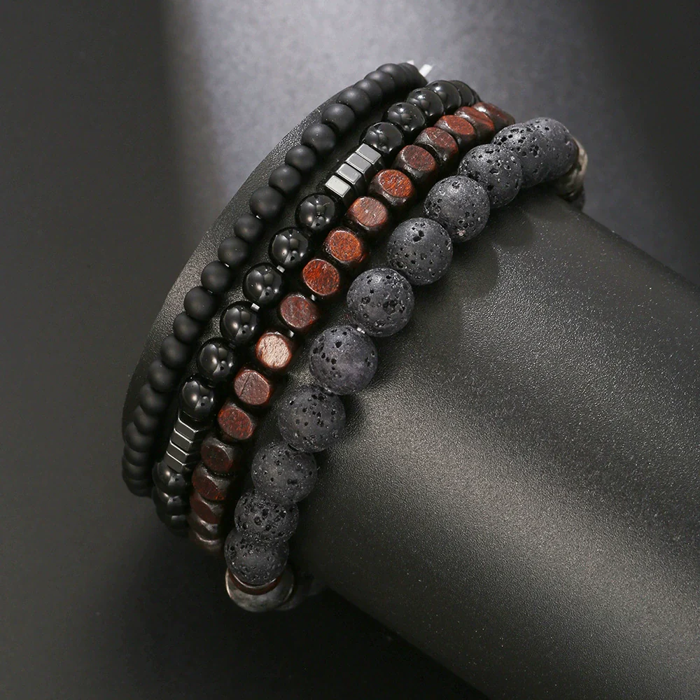 Wholesale Bracelet Set Volcanic Stone Black Matte Wood Bead Black Gallstone Geometric Handmade Unisex Hiphop Style - Image 2