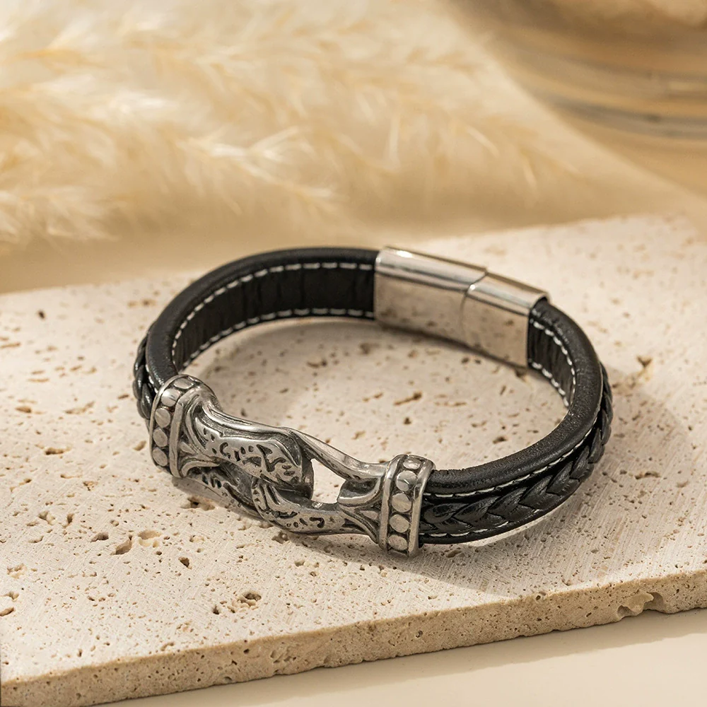 Wholesale Braided Leather Rope Unisex Retro Geometric Stainless Steel Bracelet With Magnetic Buckle - Image 10