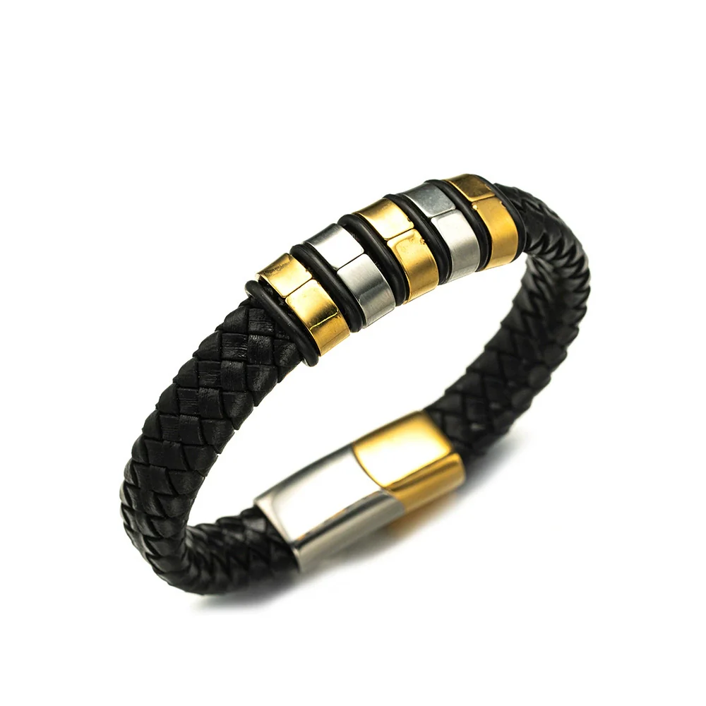 Wholesale Braided Leather Rope Unisex Retro Geometric Stainless Steel Bracelet With Magnetic Buckle - Image 12