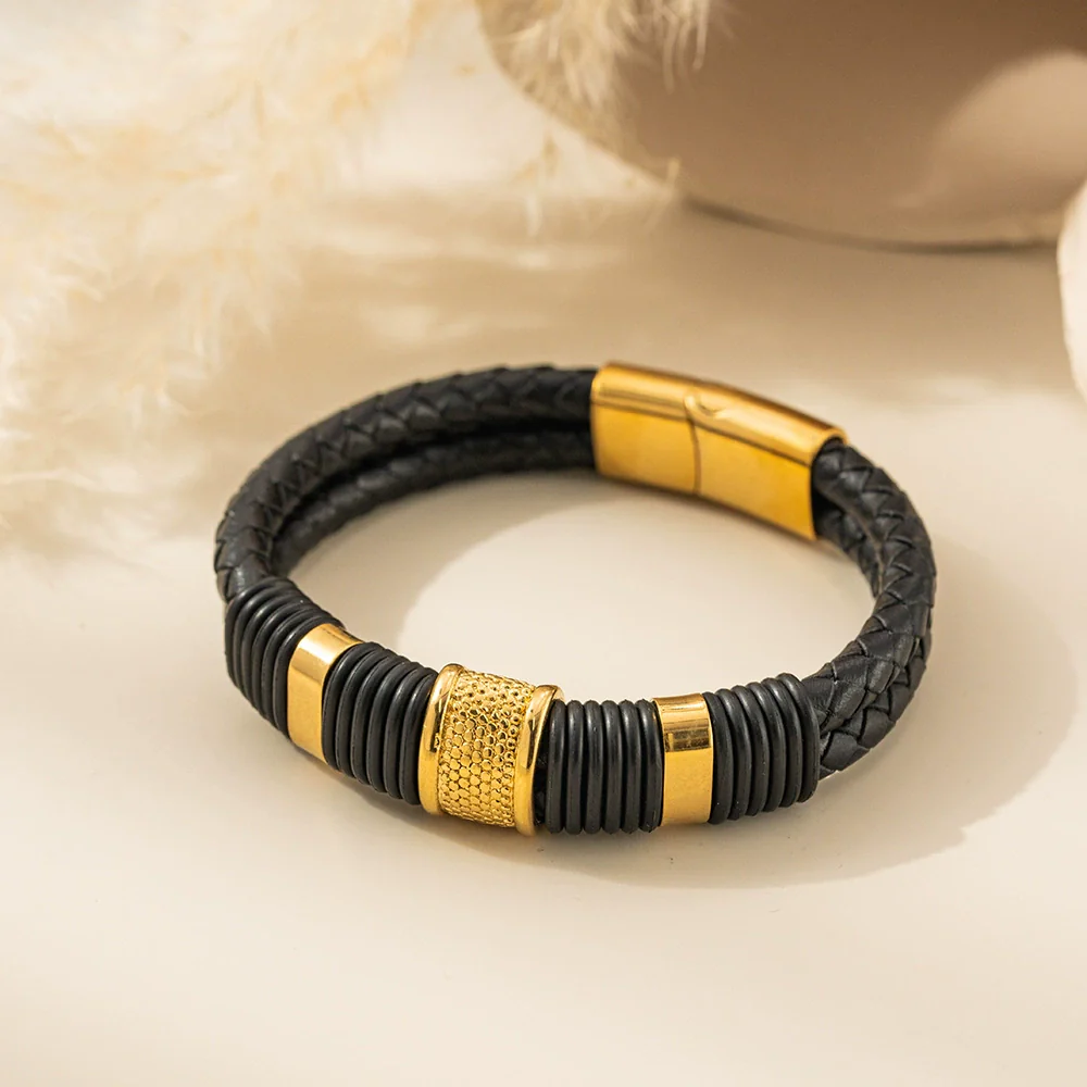 Wholesale Braided Leather Rope Unisex Retro Geometric Stainless Steel Bracelet With Magnetic Buckle - Image 7