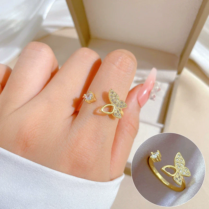 Wholesale Brass Cartoon Crown Style Hollow Butterfly Full Diamond Opening Adjustable Electroplated Women's Ring Bracelet