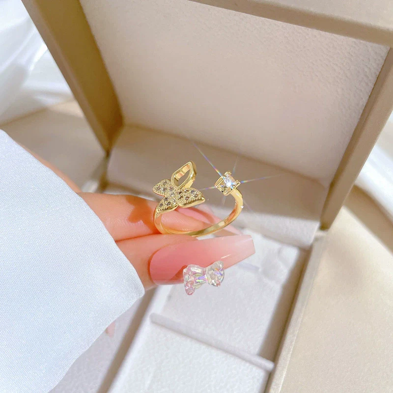 Wholesale Brass Cartoon Crown Style Hollow Butterfly Full Diamond Opening Adjustable Electroplated Women's Ring Bracelet - Image 2
