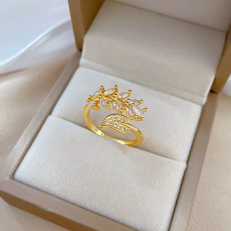 Wholesale Brass Ring With Real Gold Plating Open Leaf Zircon Microinlaid The Crown Design For Women - Image 2