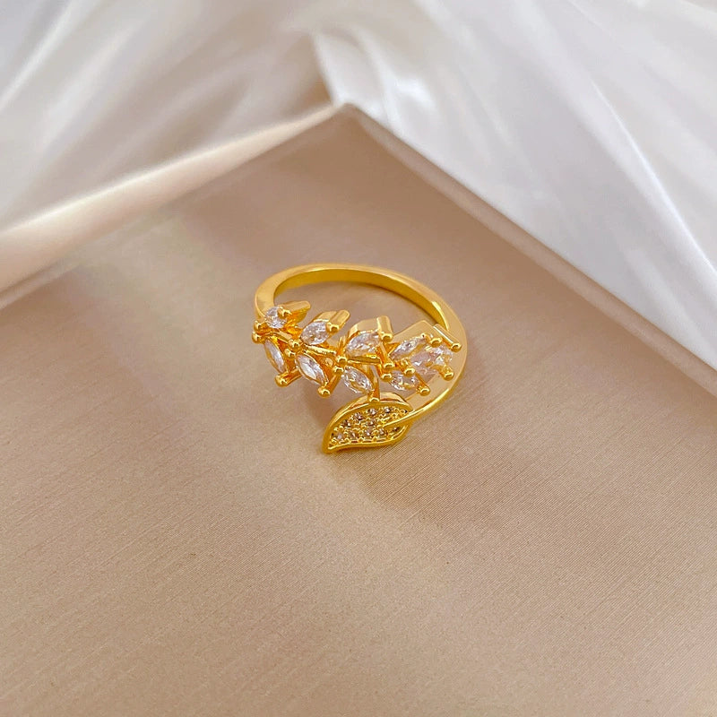 Wholesale Brass Ring With Real Gold Plating Open Leaf Zircon Microinlaid The Crown Design For Women - Image 3