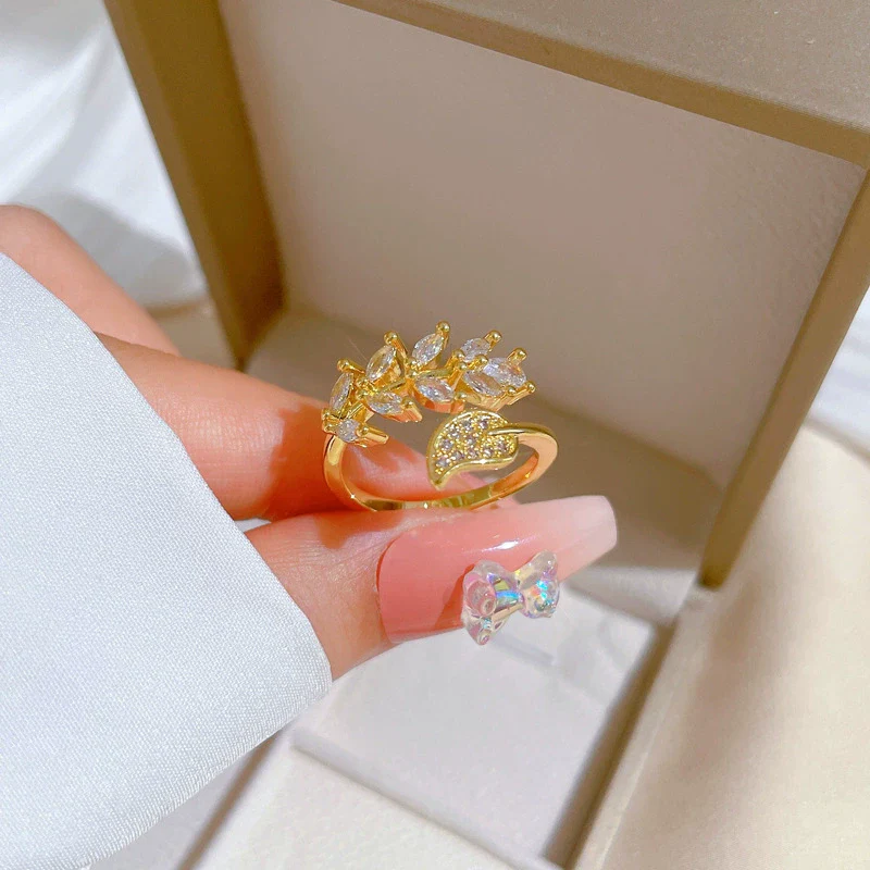 Wholesale Brass Ring With Real Gold Plating Open Leaf Zircon Microinlaid The Crown Design For Women - Image 4