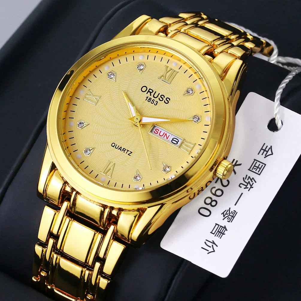 Wholesale Business Style Vintage Waterproof Couple's Quartz Watch With Steel Band And Case Round Dial Mineral Strengthened Glass Mirror Spiral Crown Bilateral Button Clasp