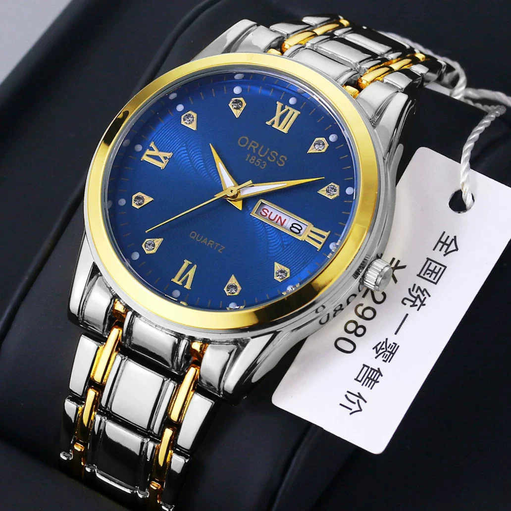 Wholesale Business Style Vintage Waterproof Couple's Quartz Watch With Steel Band And Case Round Dial Mineral Strengthened Glass Mirror Spiral Crown Bilateral Button Clasp - Image 4