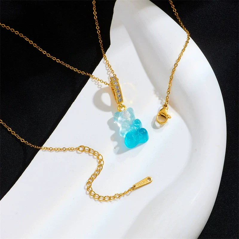 Wholesale Candy Bear Necklace Mixed Gem Inlay Copper Electroplated Sweet Animal Zodiac Style Unisex Cross Chain Accessory - Image 2