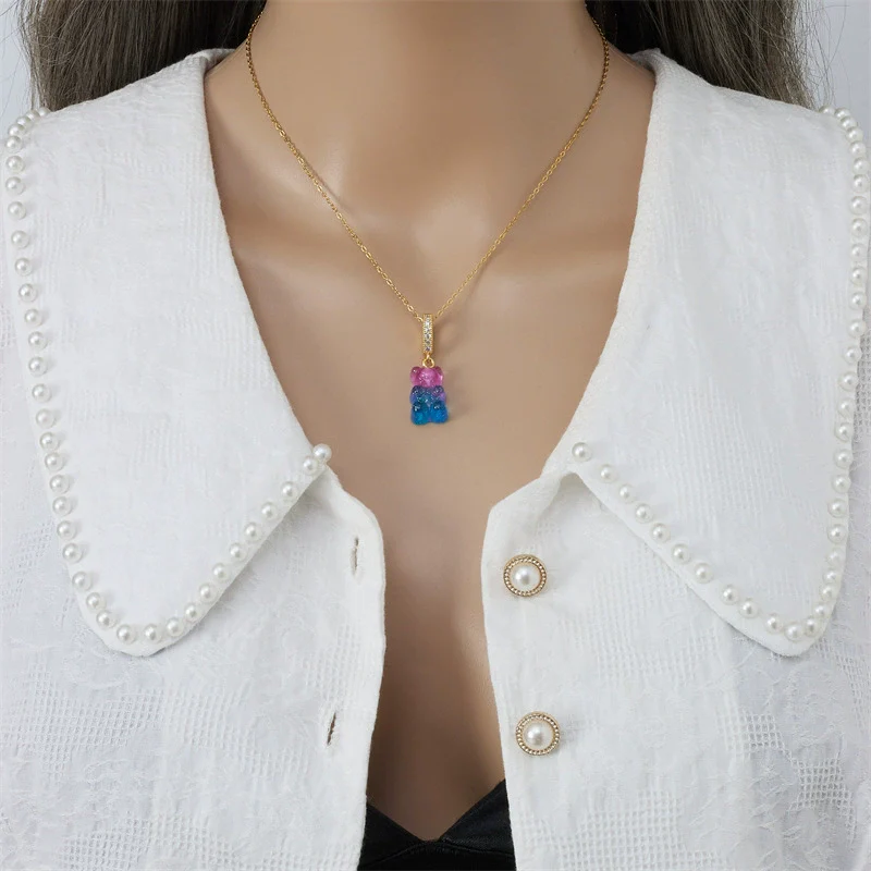Wholesale Candy Bear Necklace Mixed Gem Inlay Copper Electroplated Sweet Animal Zodiac Style Unisex Cross Chain Accessory - Image 3