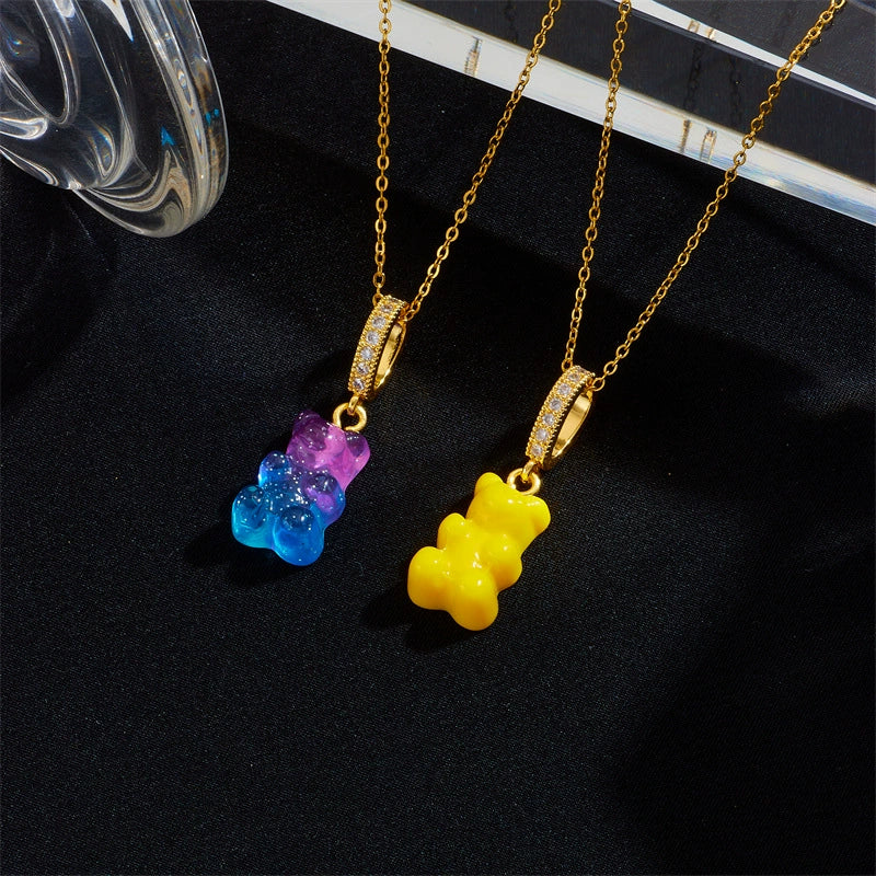 Wholesale Candy Bear Necklace Mixed Gem Inlay Copper Electroplated Sweet Animal Zodiac Style Unisex Cross Chain Accessory - Image 4