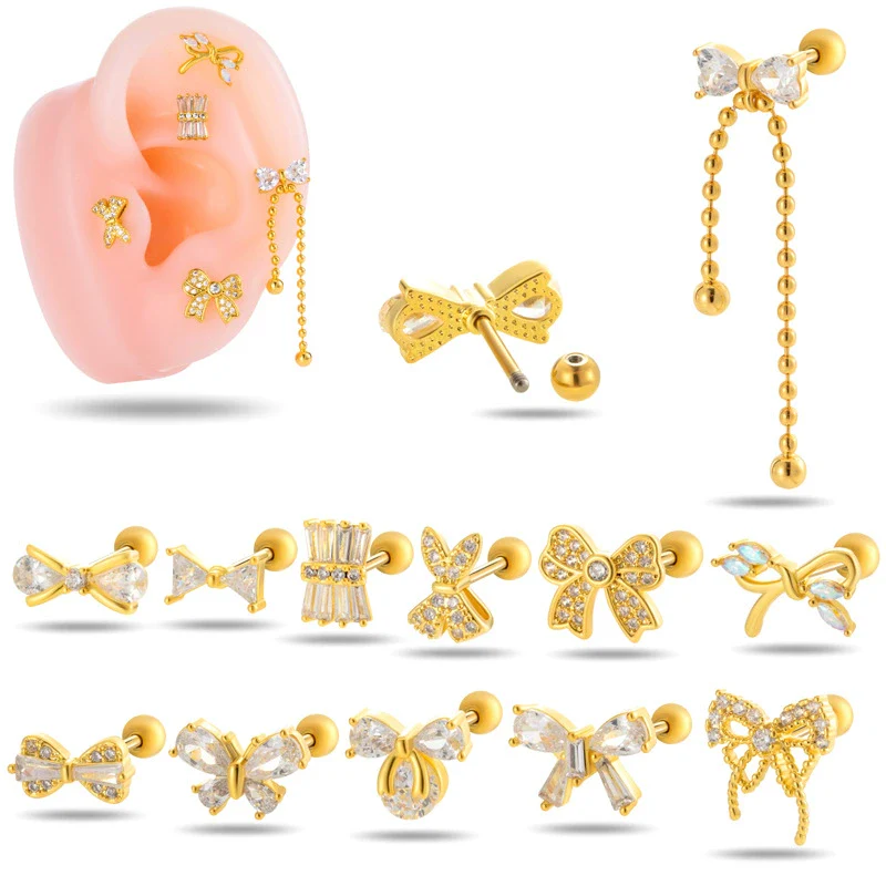 Wholesale Cartilage Puncture Ear Bone Nail Fashion Allmatch Copper Zirconium Bow Stainless Steel Rod For Women
