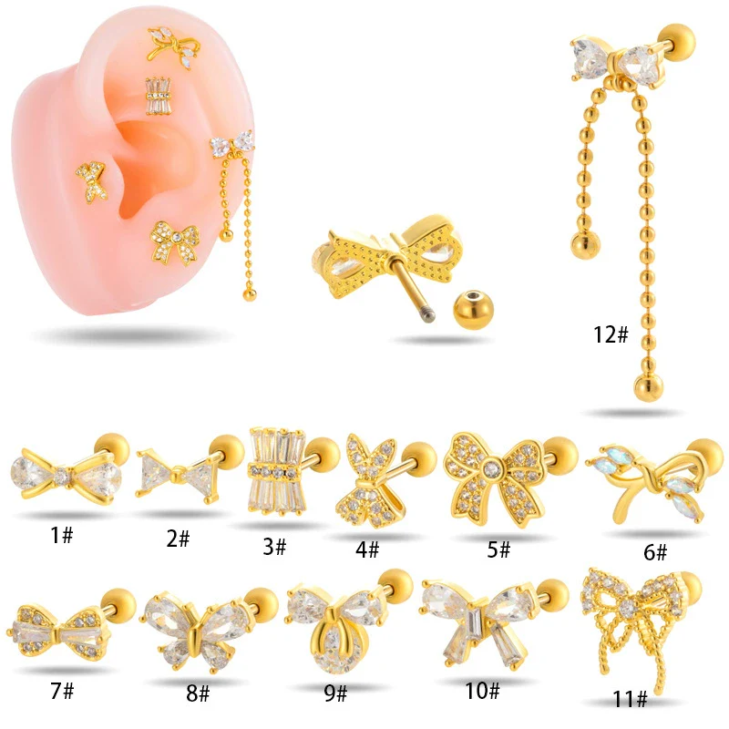 Wholesale Cartilage Puncture Ear Bone Nail Fashion Allmatch Copper Zirconium Bow Stainless Steel Rod For Women - Image 2