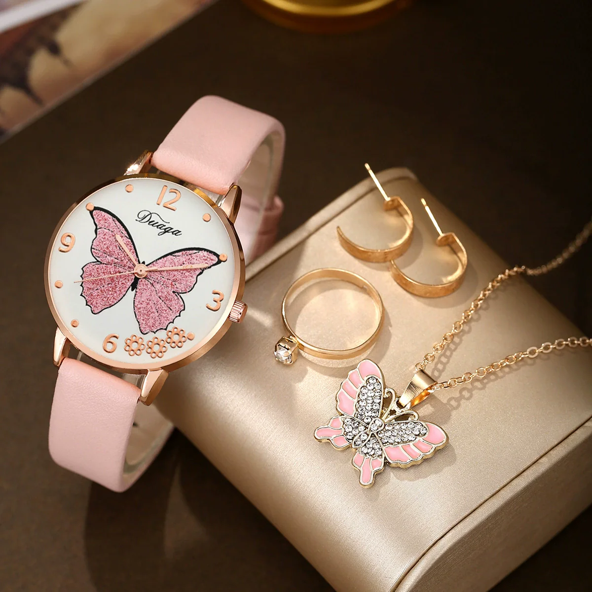 Wholesale Casual Female Round Stainless Steel Case Imitation Leather Strap Butterfly Printed Watch And Jewelry Set - Image 16