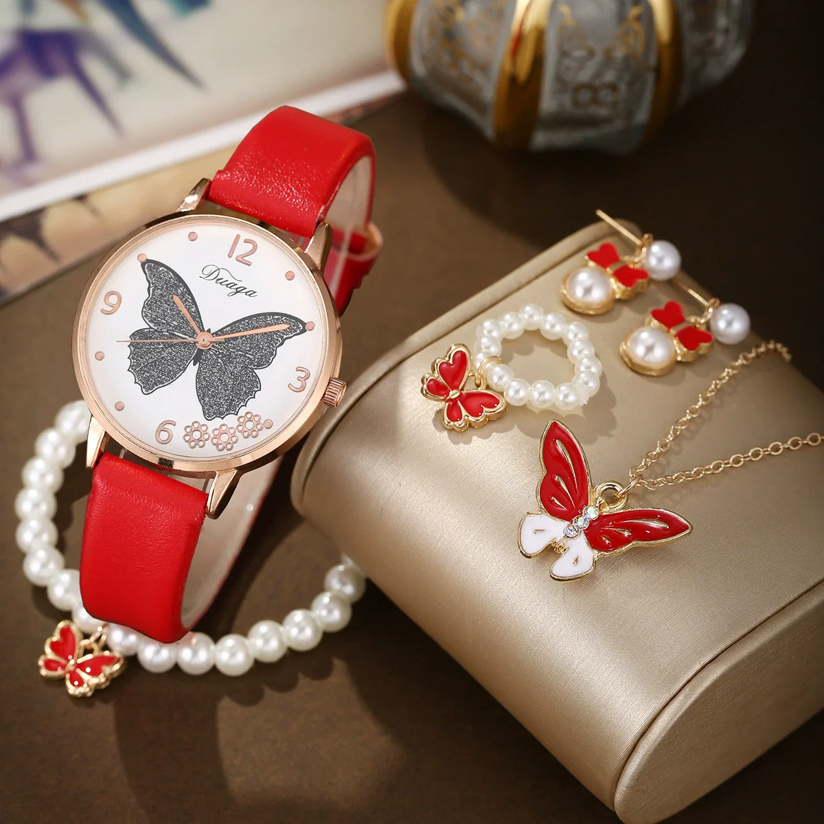 Wholesale Casual Female Round Stainless Steel Case Imitation Leather Strap Butterfly Printed Watch And Jewelry Set - Image 3