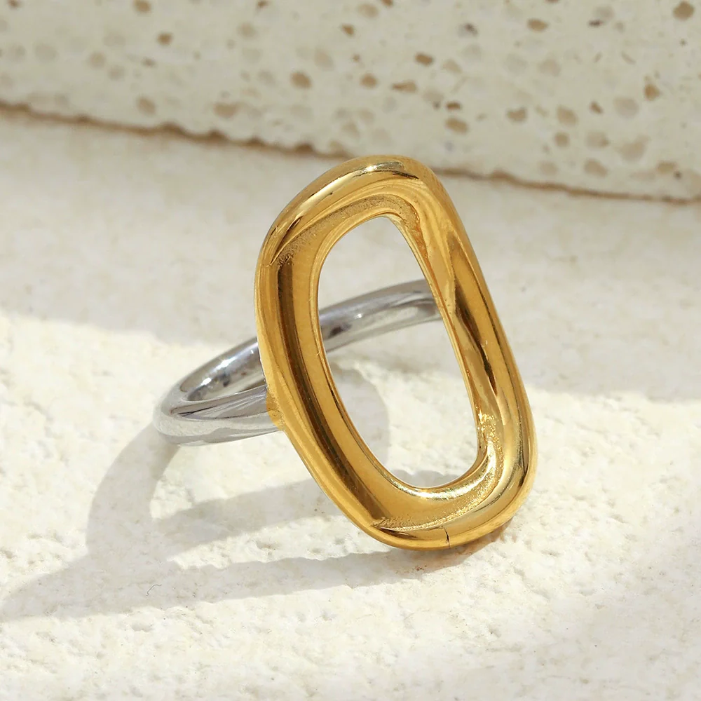 Wholesale Casual Geometric Asymmetrical Cut Out Oshaped 18K Gold Plated Stainless Steel Ring For Women - Image 3