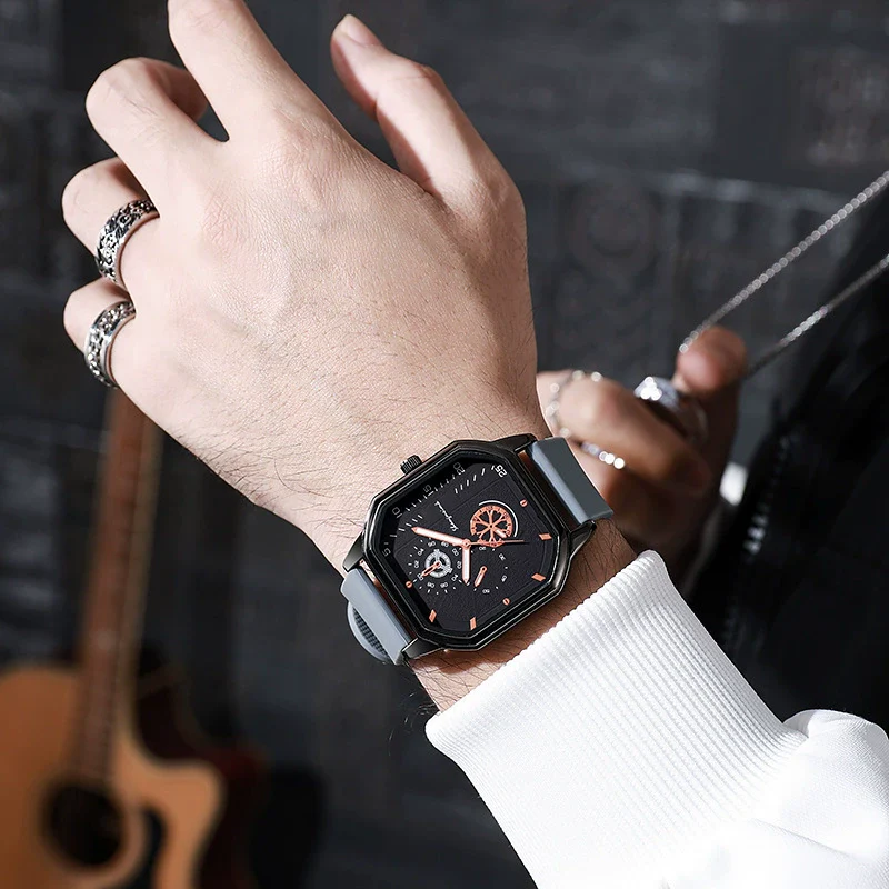 Wholesale Casual Men's Sports Quartz Watch With Double Layer Square Alloy Case And Pu Strap - Image 4