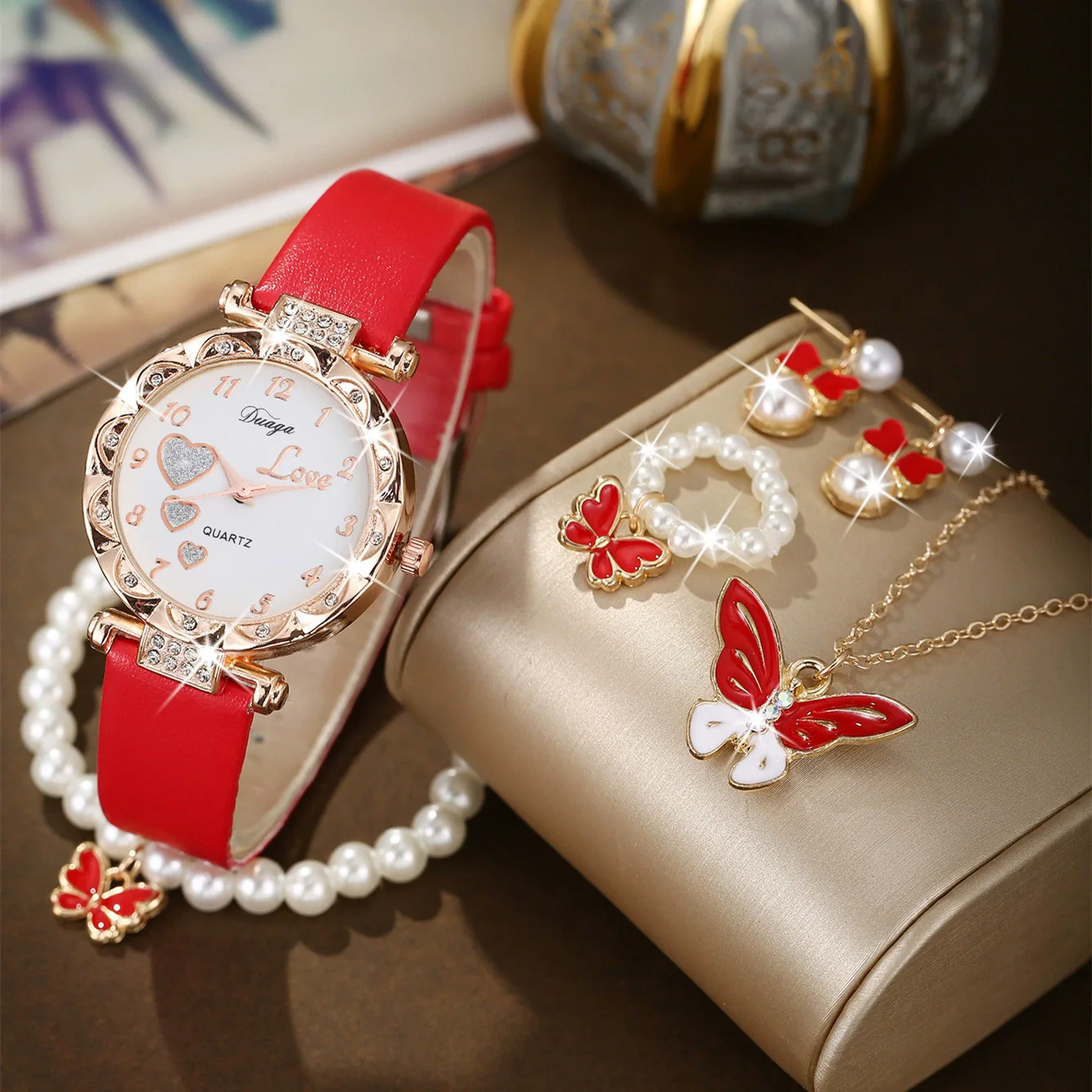 Wholesale Casual Sweet Round Dial Frosted Belt Watch With Pearl Butterfly Jewelry Set For Female Mirror Ordinary Glass Strap Imitation Leather Buckle Stainless Steel - Image 2
