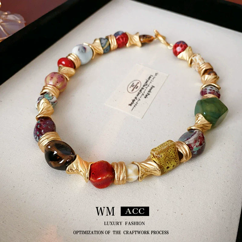 Wholesale Ceramic Vintage Elegant Flower Geometric Clavicle Necklace For Women With Electroplating