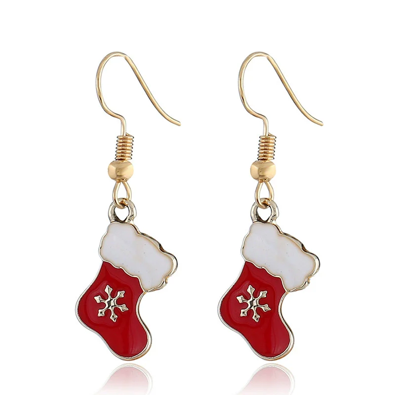 Wholesale Christmas Earrings Alloy Dripping Oil Snowflake Christmas Socks Design