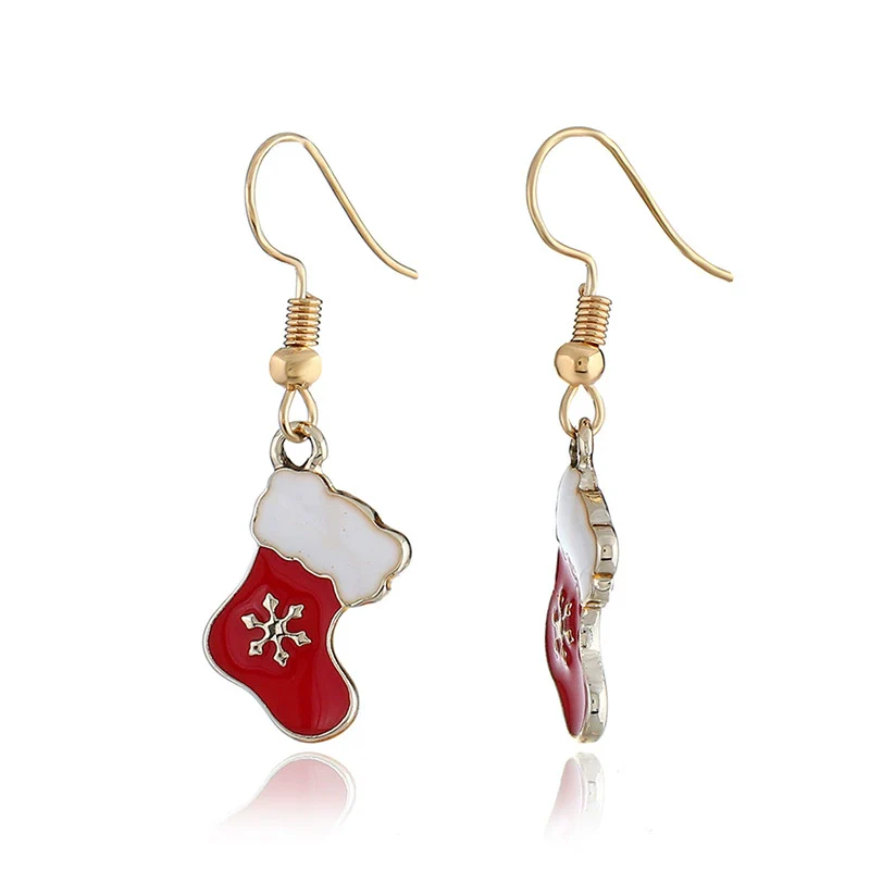 Wholesale Christmas Earrings Alloy Dripping Oil Snowflake Christmas Socks Design - Image 2