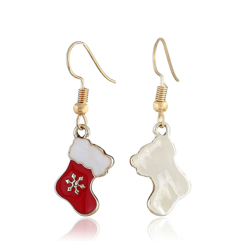 Wholesale Christmas Earrings Alloy Dripping Oil Snowflake Christmas Socks Design - Image 3