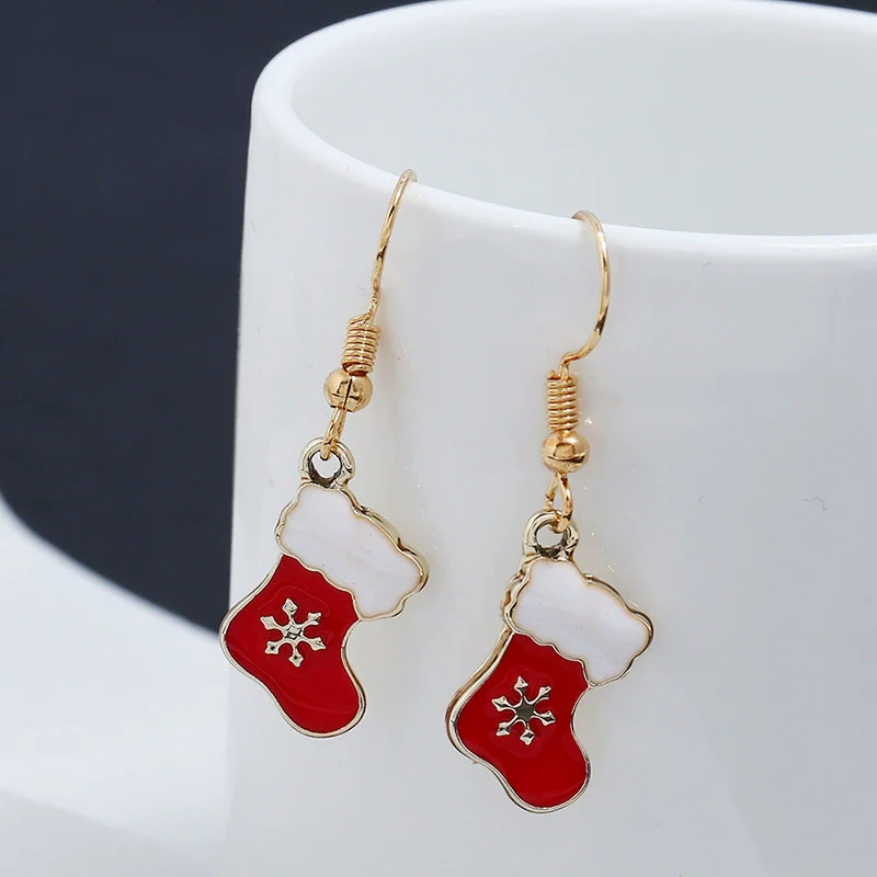 Wholesale Christmas Earrings Alloy Dripping Oil Snowflake Christmas Socks Design - Image 5