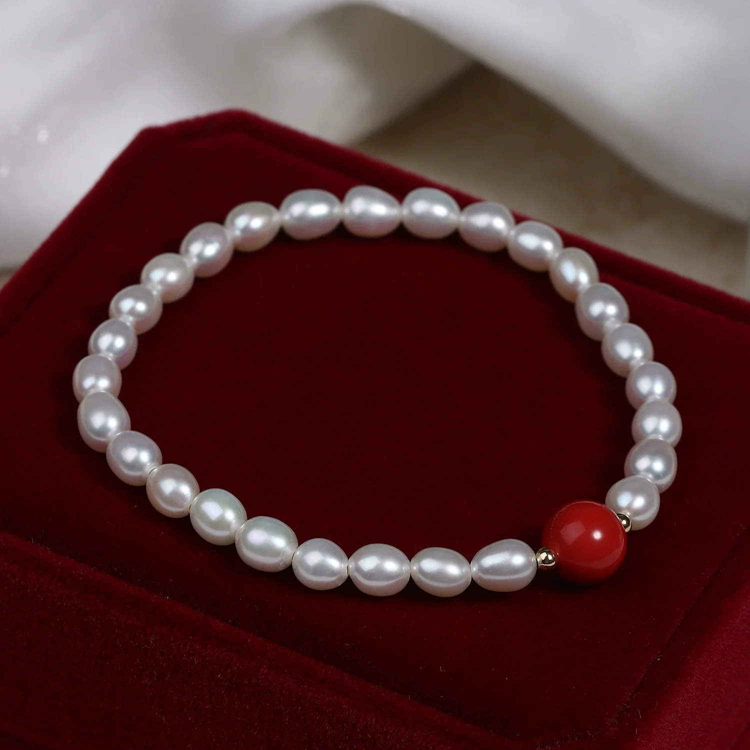 Wholesale Cinnabar And Freshwater Pearl Bracelet With Special Shape And Copper Accessories - Image 5