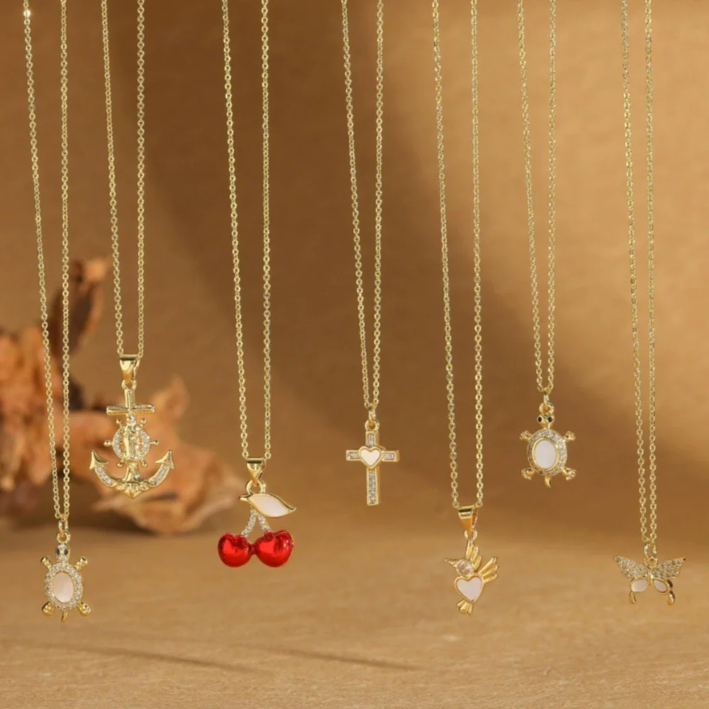 Wholesale Clavicle Chain Copper Mixed Gemstone Setting Sweet Retro Cherry Shape Electroplating Design For Women