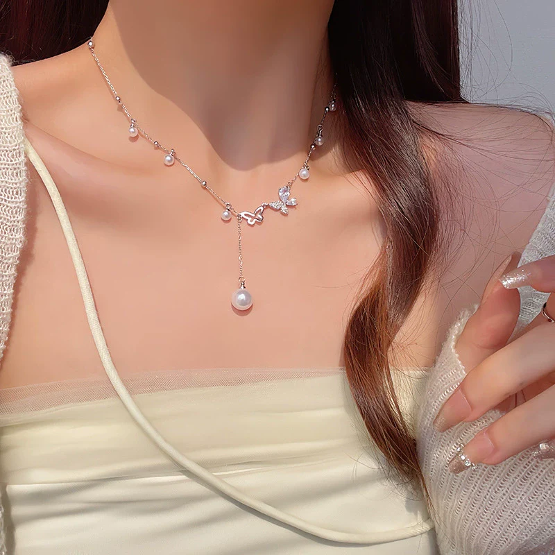 Wholesale Clavicle Chain Necklace Women's Titanium Steel Copper Electroplating Tassel Pearl Bow Design