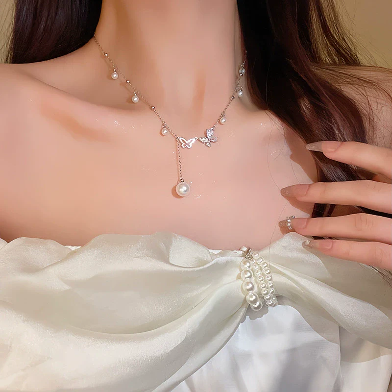 Wholesale Clavicle Chain Necklace Women's Titanium Steel Copper Electroplating Tassel Pearl Bow Design - Image 3