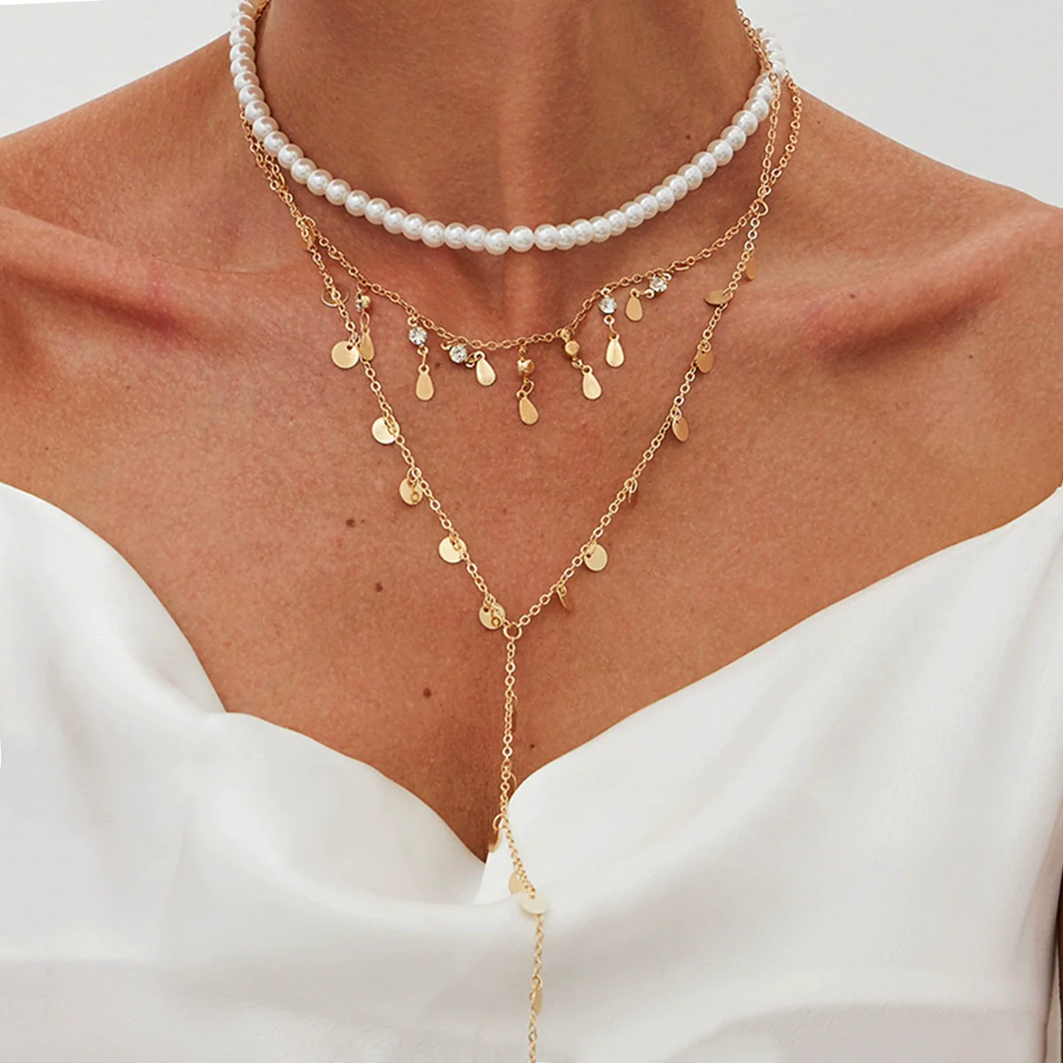 Wholesale Clavicle Necklace Imitation Pearl Copperclad Iron Chain Rhinestone Geometric Electroplated For Women