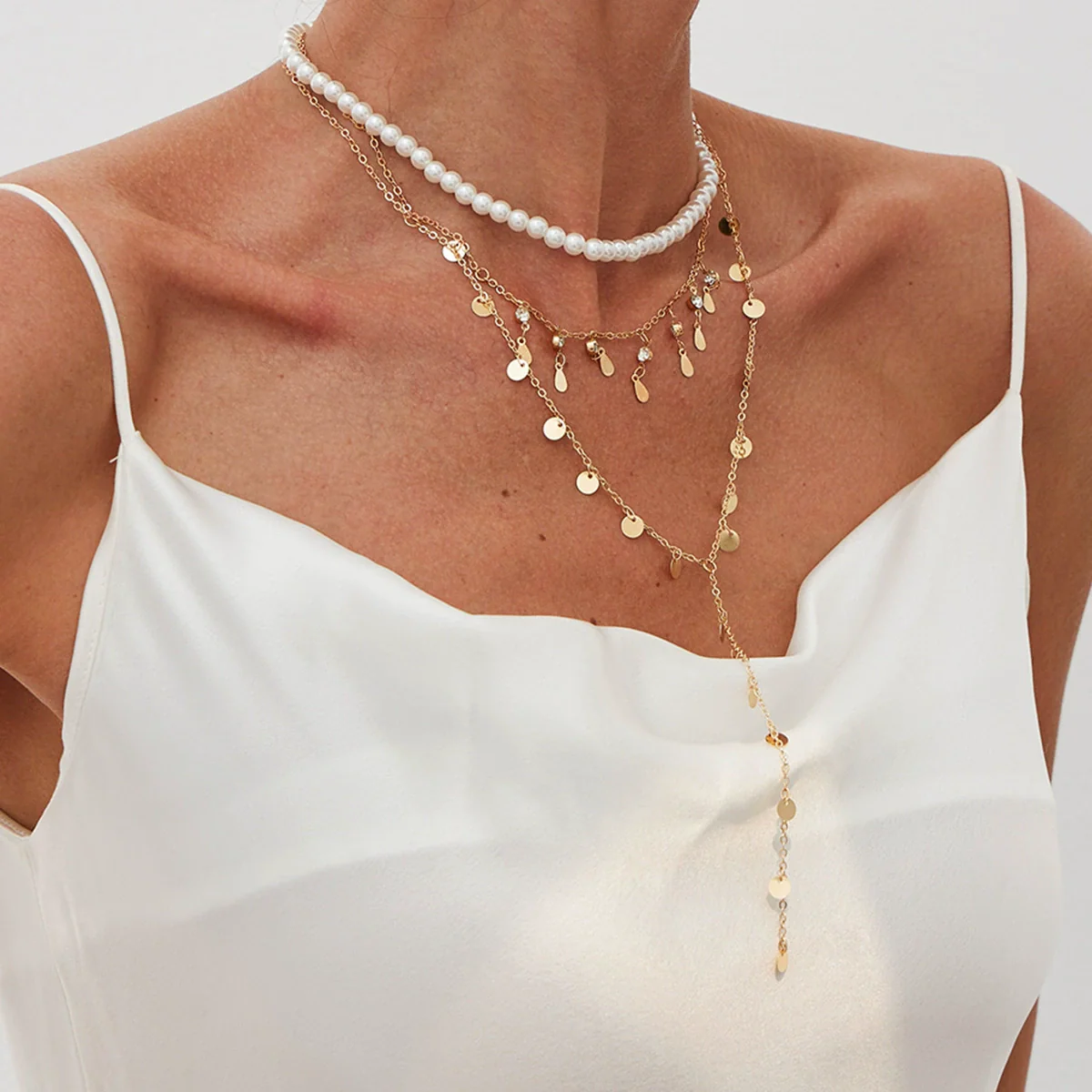 Wholesale Clavicle Necklace Imitation Pearl Copperclad Iron Chain Rhinestone Geometric Electroplated For Women - Image 2