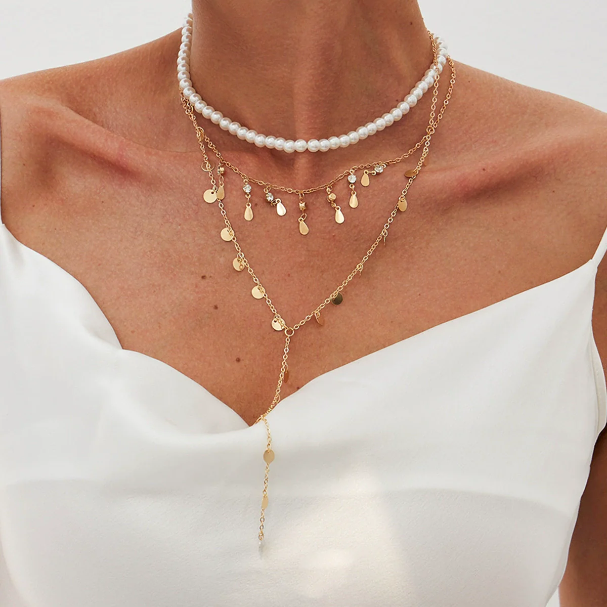 Wholesale Clavicle Necklace Imitation Pearl Copperclad Iron Chain Rhinestone Geometric Electroplated For Women - Image 3