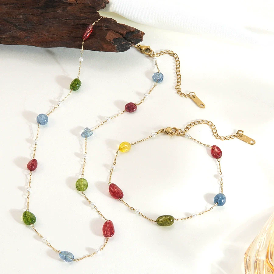 Wholesale Colorful Geometric Beaded Stainless Steel Necklace And Bracelet Electroplated 18K Gold For Women Light Luxury Style