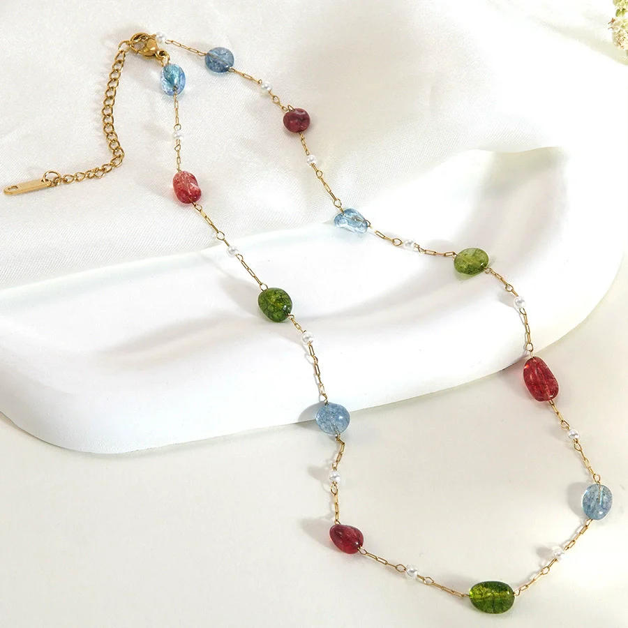 Wholesale Colorful Geometric Beaded Stainless Steel Necklace And Bracelet Electroplated 18K Gold For Women Light Luxury Style - Image 2