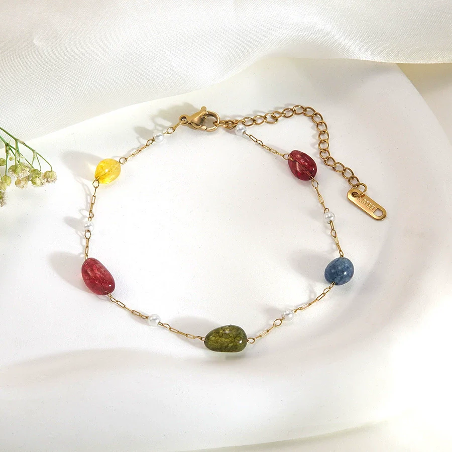 Wholesale Colorful Geometric Beaded Stainless Steel Necklace And Bracelet Electroplated 18K Gold For Women Light Luxury Style - Image 3