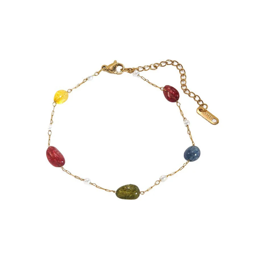 Wholesale Colorful Geometric Beaded Stainless Steel Necklace And Bracelet Electroplated 18K Gold For Women Light Luxury Style - Image 5