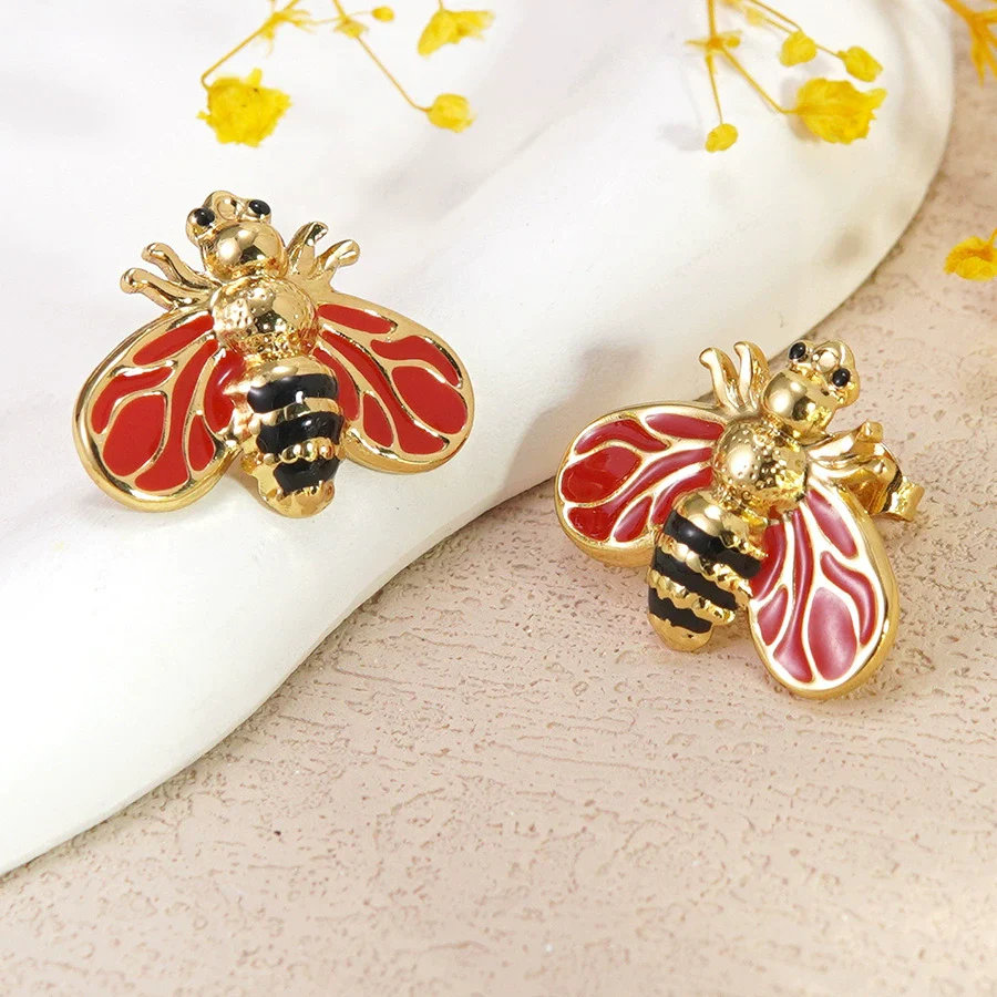 Wholesale Colorful Oil Dripping Bee Stainless Steel Insect Pattern Earrings For Women - Image 7