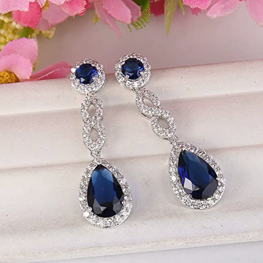 Wholesale Copper Drop Shape Microinlaid Sapphire Blue Zircon Earrings - Image 4