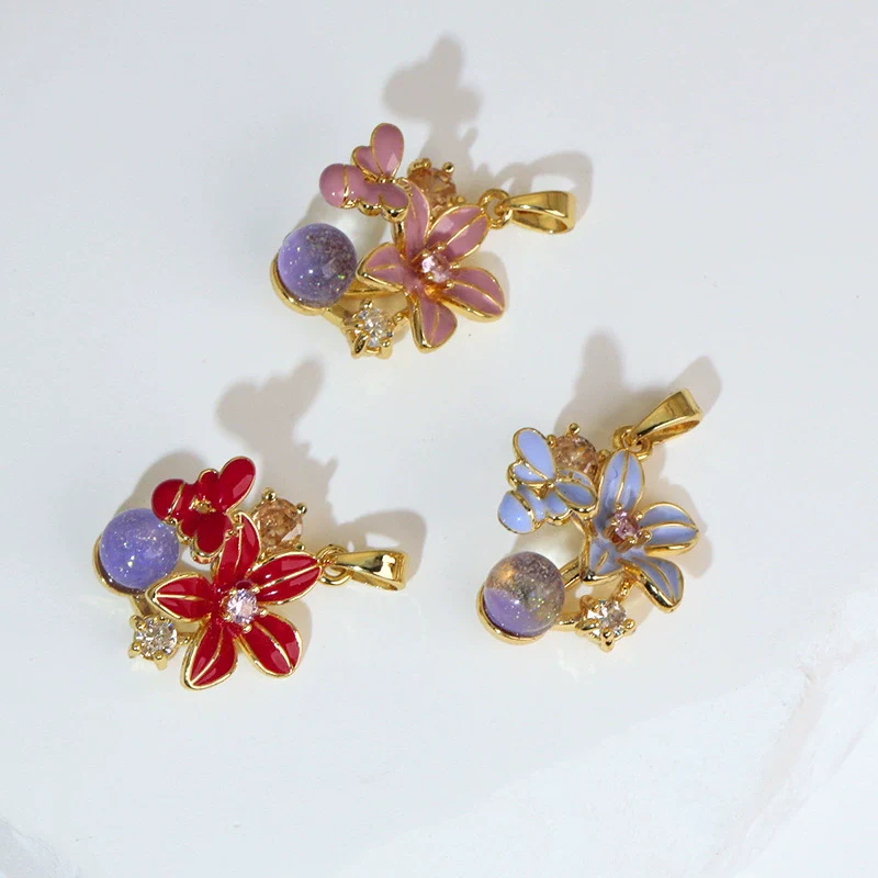 Wholesale Copper Flower Petal Oil Drop Pendant Necklace Retro Design Microinlaid Electroplated For Women - Image 2