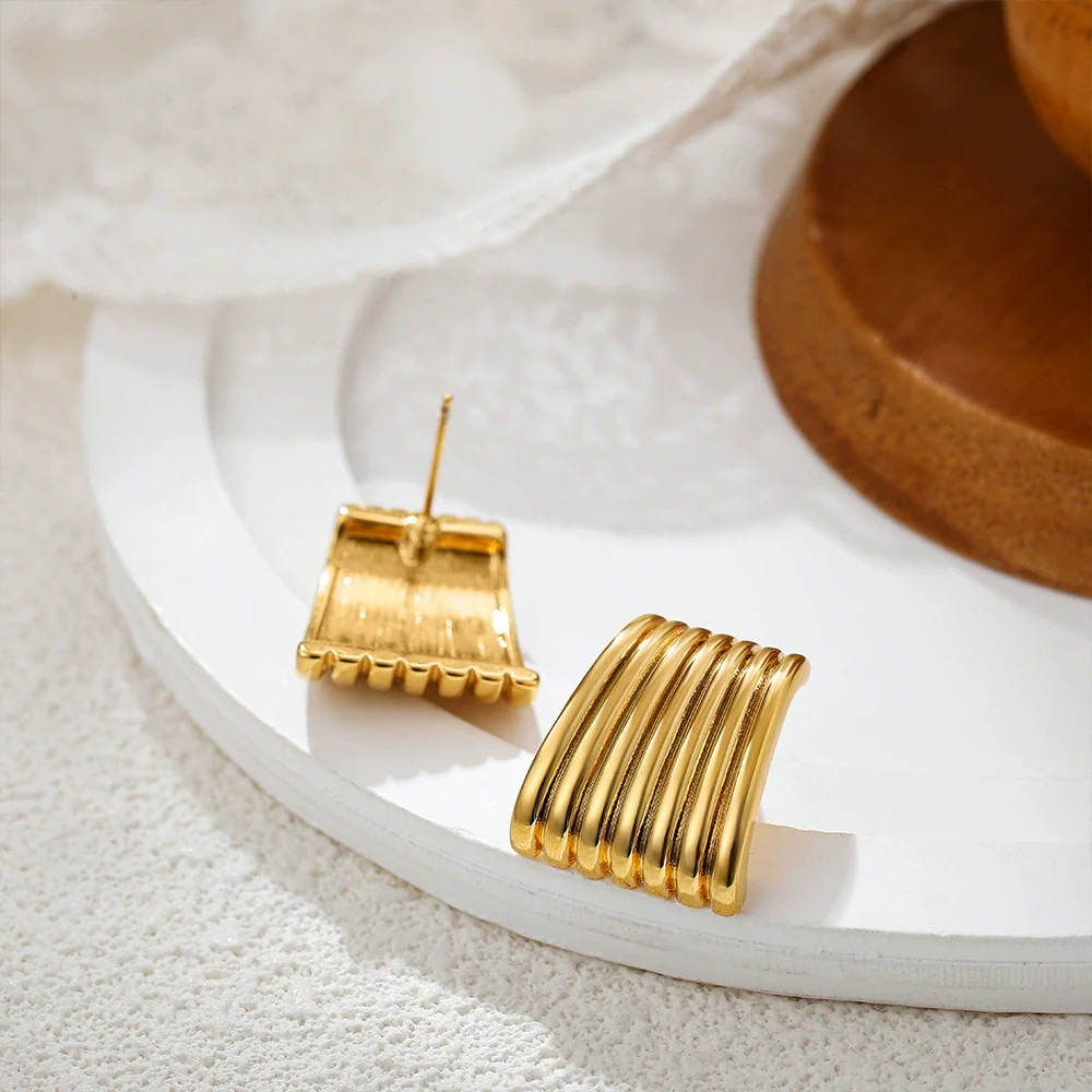 Wholesale Copper Geometric Asymmetrical Quadrilateral Square Striped Earrings With Electroplating Minimalist Style For Women - Image 3