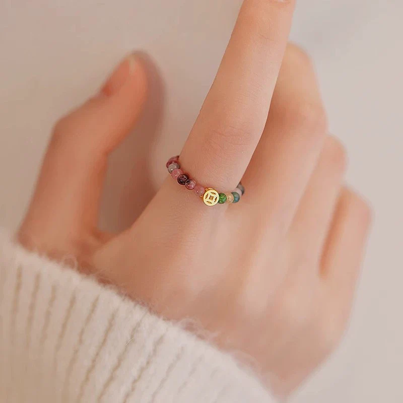 Wholesale Copper Geometric Electroplated Women's Tourmaline Beaded Ring - Image 2